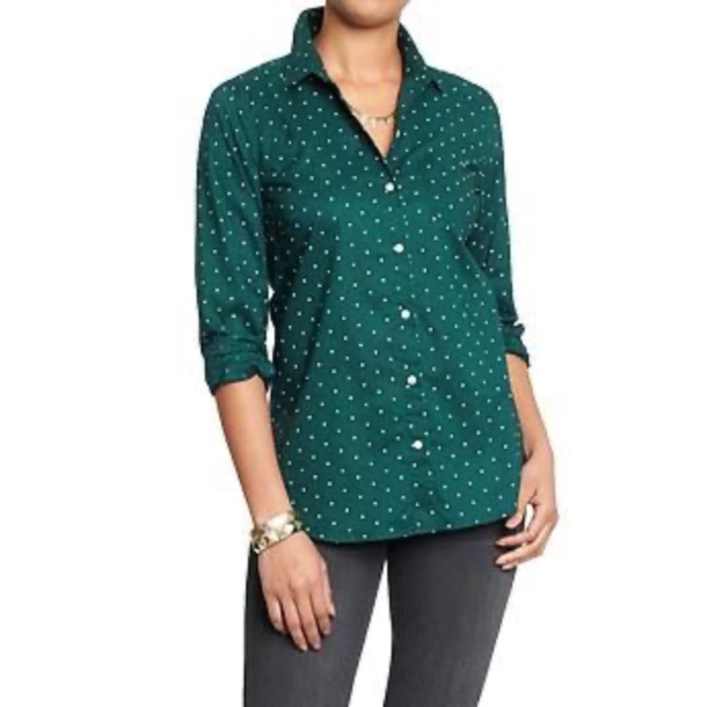 Old Navy Polka Dot Button Shirt Dark Green & White